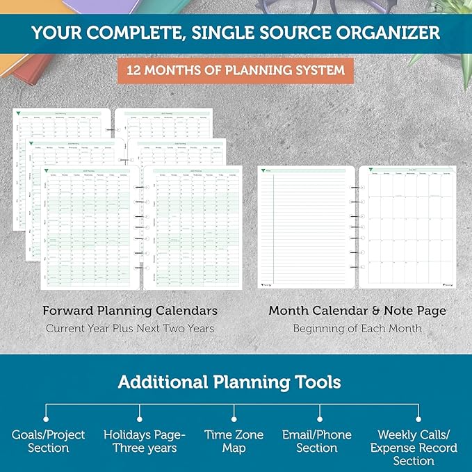 Planner Pad 7 Hole Loose Leaf 3-Tier Funnel Down 12 Month Organizer, October 2025 – September 2026, Soft Green Ink, 6 3/4" x 8 1/2"
