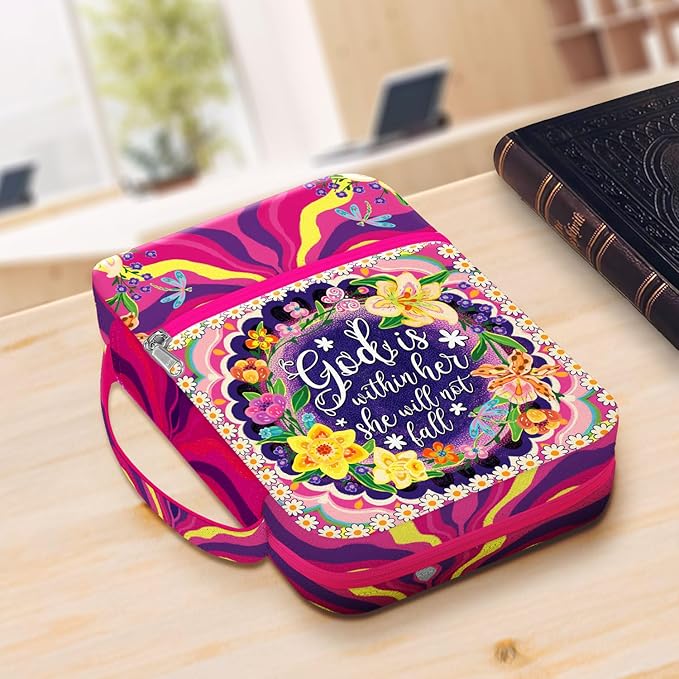Floral Faith Bible Cover for Women, God is Within Her She Will Not Fall, Christian Canvas Bible Case with Handle and Zipper Pocket, Fits Standard Size Bible, Inspirational Gift for Bible