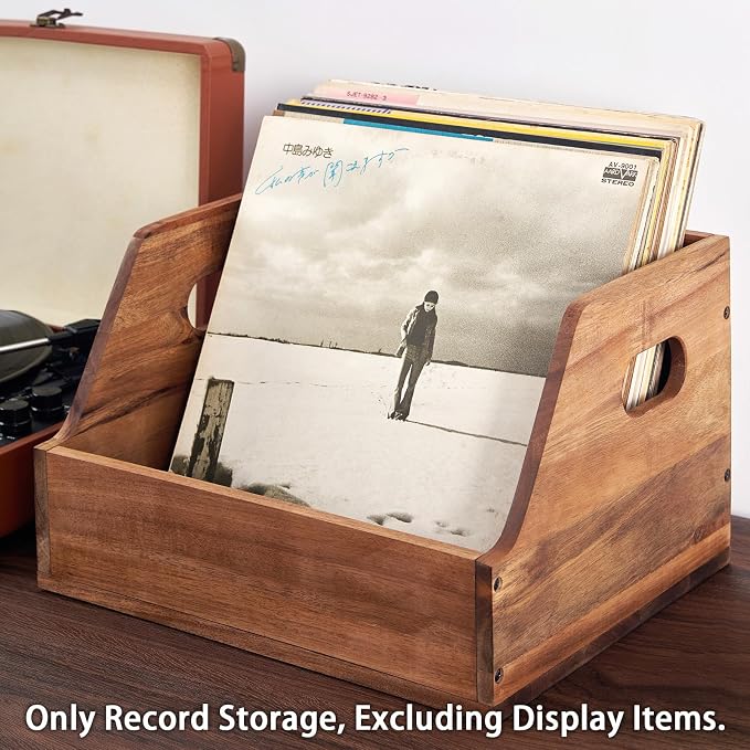 Acacia Wood Vinyl Record Storage Crate - Classic Cube Record Holder, Album Organizer Case Box for 60+ Records, Home Decor and Collection Display