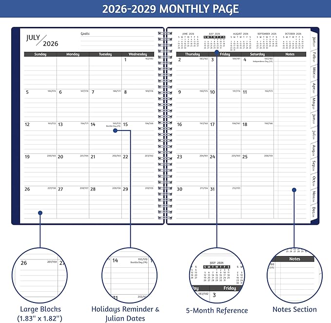 Monthly Planner 2026-2029, 36 Months Calendar Planner 2026-2029 from Jul 2026 – Jun 2029, 8.5'' x 11'' with Ruled Spread, Flexible Cover, Spiral Wirebound, Pocket, Coated Tabs, Notes ＆ Habit Tracker