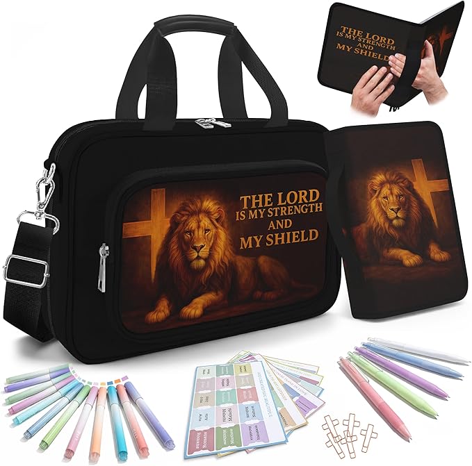 2-in-1 Lion Bible Bag for Men with Removable Bible Cover, Bible Cover with Journaling Kit & Shoulder Strap, Highlighters and Cross Clips for Bible Study & Church, Christian Gift for Men