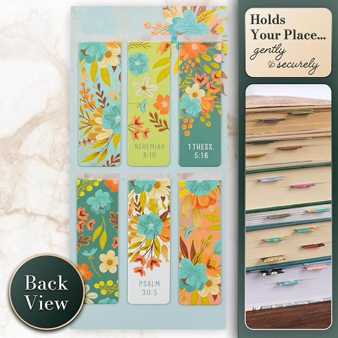 Christian Art Gifts Colorful Inspirational Magnetic Scripture Bookmark Pagemarker Set for Women: Joy of the Lord Encouraging Bible Verses, Pink, Teal, Green Floral Theme for Books, Bibles, 6 Piece Set