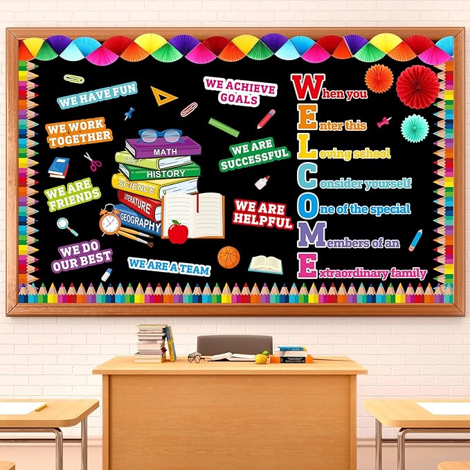 Pajean Welcome Bulletin Board Set Classroom Affirmation Station Bulletin Board Motivational Cutouts Colorful Paper Fans Pencil Border Trims for Back to School Chalkboard Wall Decor (Colorful)