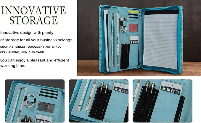 AZXCG Leather Portfolio with Zipper, Embossed PU Leather Padfolio Folio, Professional Business Document Organizer with A4 Letter Sized Writing Pad Holder(Sky Blue, Standard)