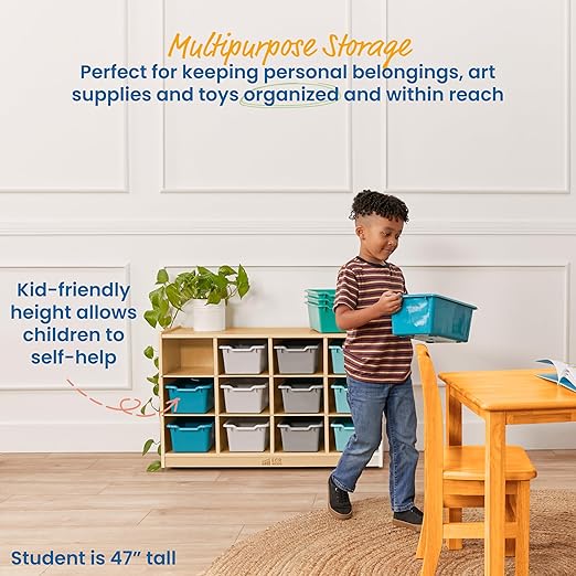 ECR4Kids 12 Cubby Mobile Tray Cabinet and 15 Scoop Front Bins, 3x4, Kids Furniture, Contemporary