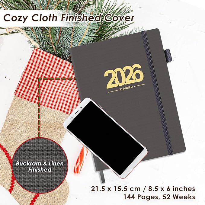 TIIKKASI 2026 Calendar Year Planner Weekly Monthly (Jan - Dec) 6'' x 8.5'' - Lined Journal Notebook Minimalist Agenda Notes, Linen Cloth Book Bound Hard Cover, For School Business Office, Gray
