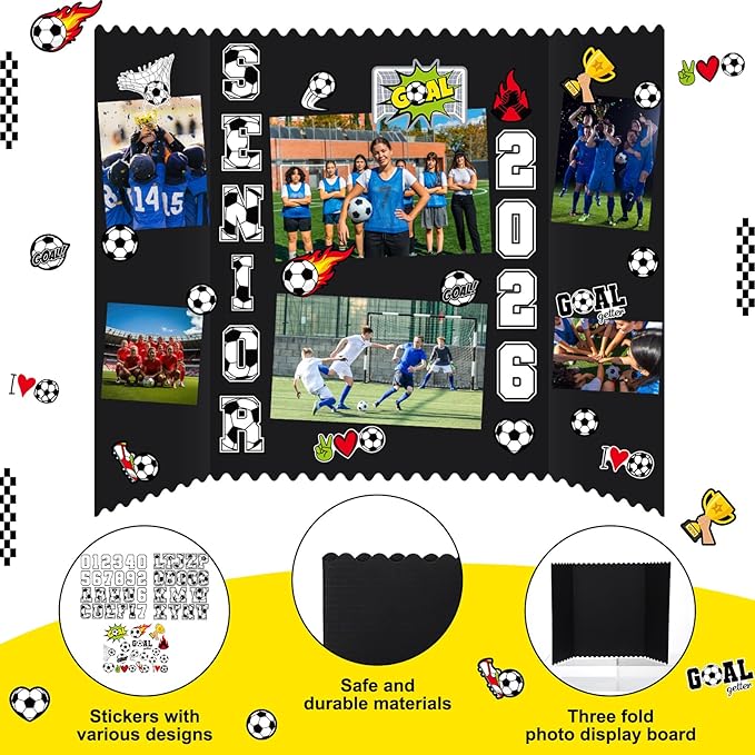 Tinlade 3 Set Soccer Senior Night Gifts Senior 2026 Photo Display Board 24" x 16" Trifold Poster Board with Soccer Themed Stickers for Graduation Picture Frame Sport Theme Party Supplies