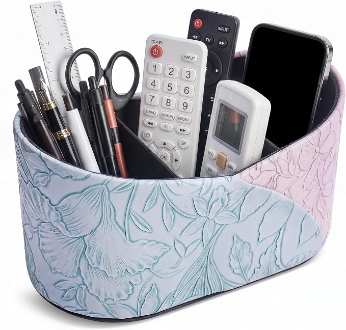 Two Leaves Shaped Leather Art Supply Organizer,Remote Control Holder,Multi-Functional Pencil Holder,3 Compartments Desktop Stationary Organizer(1-Blue Purple)