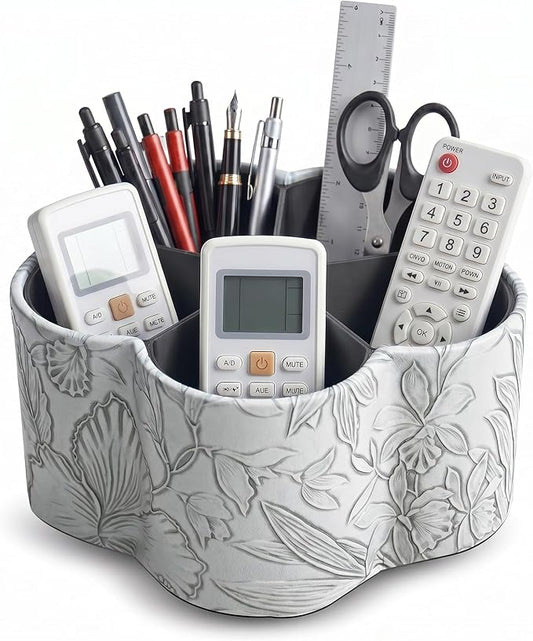 Flower Shaped Leather Art Supply Organizer,Remote Control Holder,360 Degree Spinning,Multi-Functional Pencil Holder,5 Compartments Desktop Stationary Organizer(1-Flower Grey)