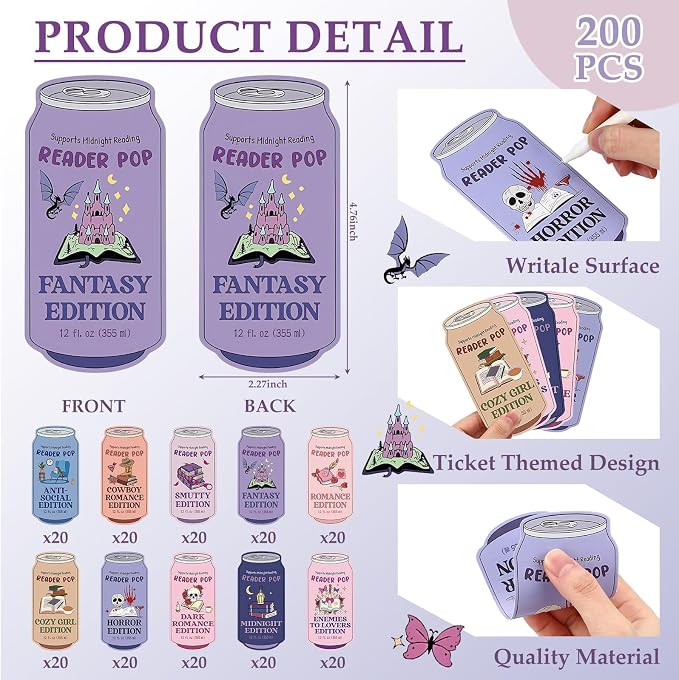 Gersoniel 200 Pcs Funny Book Club Bookmark Drinks Soda Pop Ticket Bookish Reading Tracker Pop Dark Romance Reading Accessory Page Clip Back to School Library Gifts for Book Lover Women Men