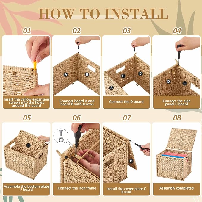 Jingmore 1 Pack Paper Rope File Box Organizers Collapsible Letter Size Filing Cabinet with Lid Woven Hanging File Basket Portable Decorative Document Storage Box for Office/Decor/Home (Letter Size)