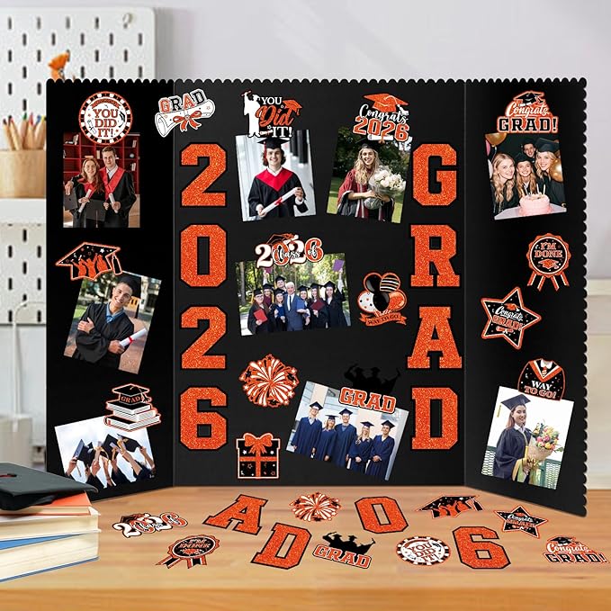 4 Set Graduation Photo Display Board, Class of 2026 Black Orange Trifold Poster Board with Grad Pattern Stickers, Graduation Photo Props Collage for Multiple Pictures Party Decorations, 16x24 Inch