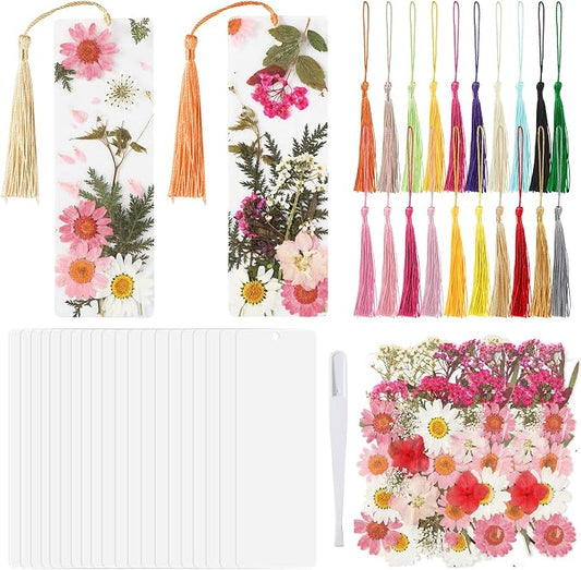20 Sets Dried Flower Bookmark Making Kit Transparent Bookmark DIY Projects Craft Gift Bulk PET Sticker with Color Tassels and tweezer for Classroom Activities Reading Award and Book Lovers