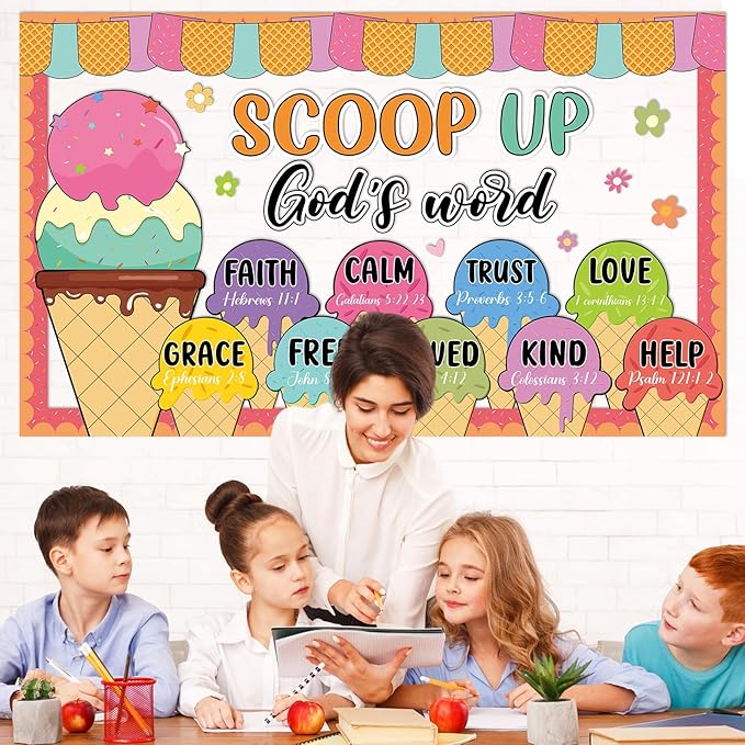Summer Religious Bulletin Board Set Christian Bible Verse Classroom Decoration Summer Ice Cream Bulletin Board Inspirational Jesus Paper Cutouts for Sunday School VBS Church Home Chalkboard Wall Decor