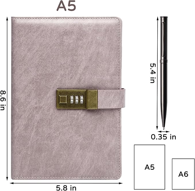 WEMATE Diary with Lock, A5 PU Leather Journal with Lock 240 Pages, Vintage Locks Journal Password Notebook with Pen, Locks Diary Planner Organizer for Men and Women, 8.6x5.8in Pink