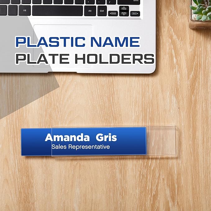 Wonderjune 10 Pack Plastic Cubicle Name Plate Holder 8.5" Wide x 2" High Glass Wall Name Plate Holder Clear Acrylic Sign Display Stand for Home Office Business (Suitable for 1" Cubicle Wall)