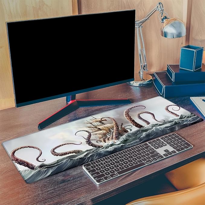 Octopus Attack Gaming Mouse Pad, Extended Nautical Sailboat Design Desk Mat Computer Laptop Mousepad, Robust Stitched Edges, 31.5"×11.8" Large Office Keyboard Mouse Pads for Desktop Decor