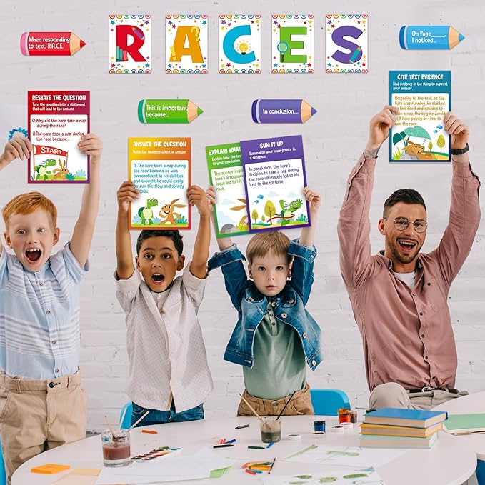 Outus 36 Pcs RACES Writing Strategy Bulletin Board Poster Set, Alphabet Cutout and Writing Posters, Pencils with Sentence Beginning and Blank Pencils for Elementary School Classroom Wall Decoration