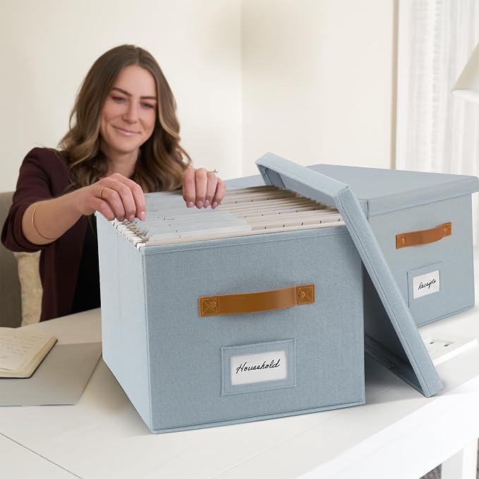 Decorative File Organizer Box Set of 2 - Collapsible Linen Filing Cabinets with Handles Are Perfect to Store All Your Documents & Hanging File Folders - Portable Easy Slide Office Crates with Lid