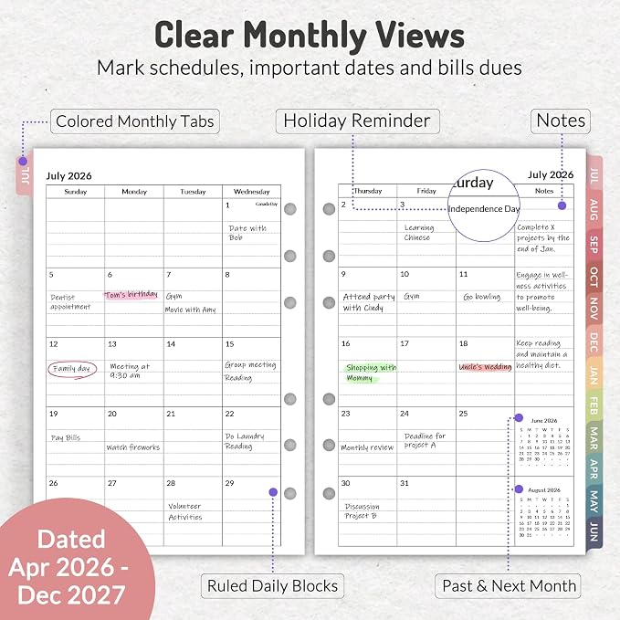 Forvencer 2026 Monthly Planner Refills, Apr 2026 - Dec 2027, 6-Hole Punched Planner Inserts with Colorful Monthly Tabs, Calendar Organizers for A5 6-Ring Binders, 5-3/4" x 8-1/4"