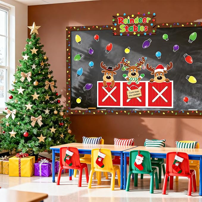 55 Pcs Christmas Elk Bulletin Board Set Xmas Reindeer Stable Cardboard for Decor Winter Bulletin Board Decorations Elk Paper Cutouts for Wall Classroom Holiday School Party Supplies