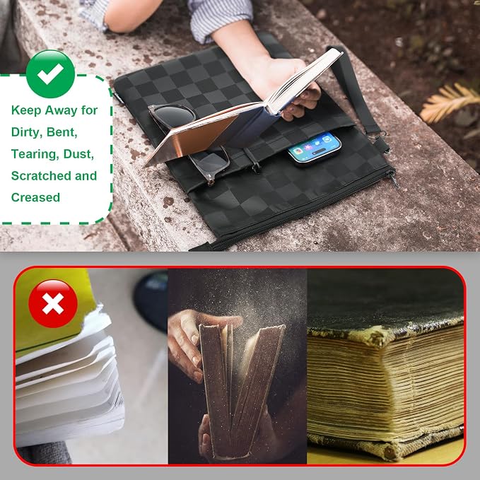 Book Sleeves with Zipper, Travel Book Protector Pouch for Paperbacks & Hardcover Books, Book Covers Bags Carry Case/Front Pocket & Handle Strap for Book Lovers Mother's Day (Black with Block, 1 Pc)