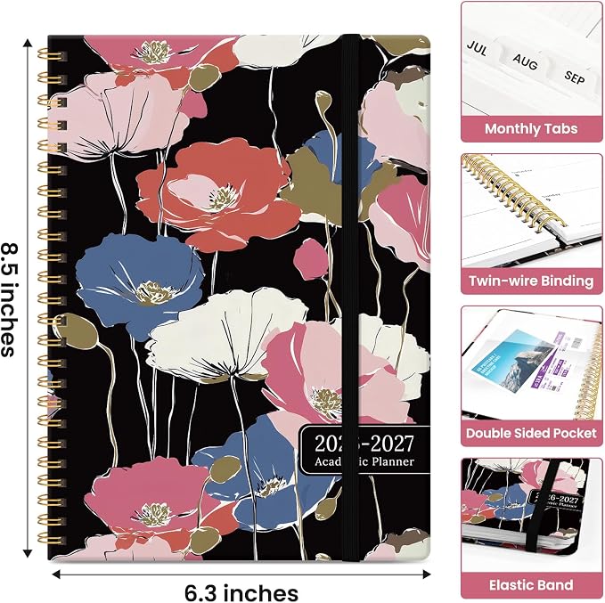 Planner 2026–2027, Academic Year Monthly & Weekly Calendar Book, Jul 2026–Jun 2027, Hardcover Organizer with Tabs, Student & Teacher Planner, 6.3" x 8.5", Velvet Poppies