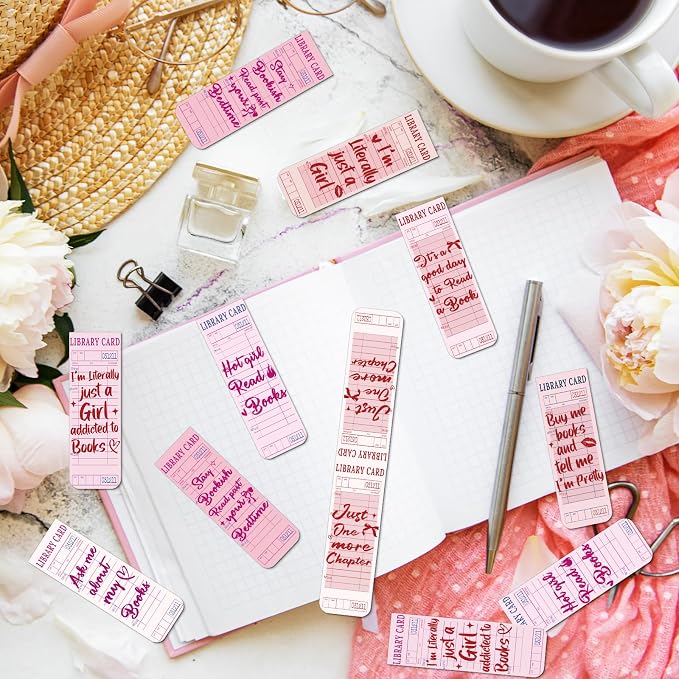 Library Card Magnetic Bookmarks Gifts - Wxiben 30 Pcs Fully Vintage Paper Bookmark Pink Retro Quotes Book Page Magnet Markers Clips for Women Book Lovers Reading Office Bookish Party Favors