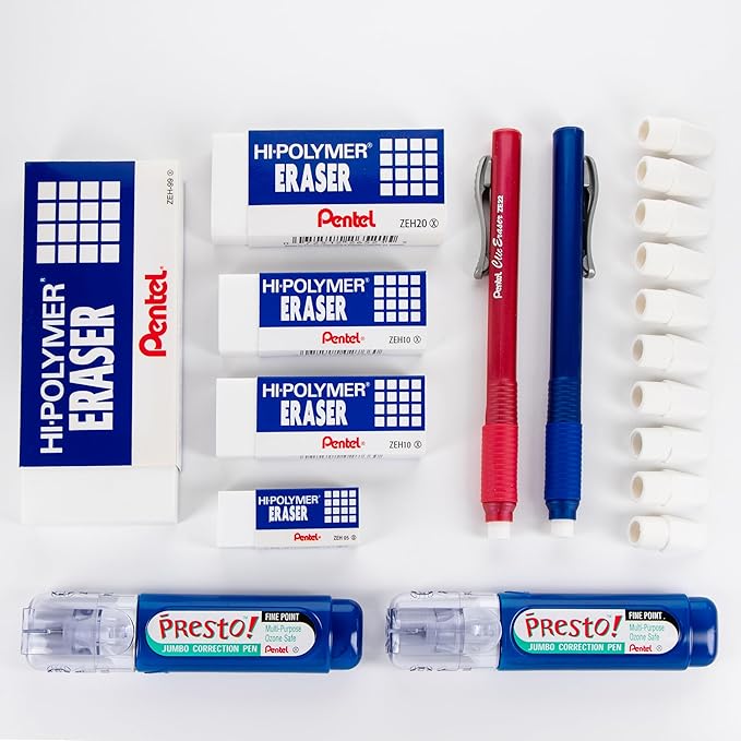 Pentel Correction Collection Box Set, Variety Eraser Sizes/Types + Correction Pen Bundle, 19 Piece Assortment (CORRBOX)