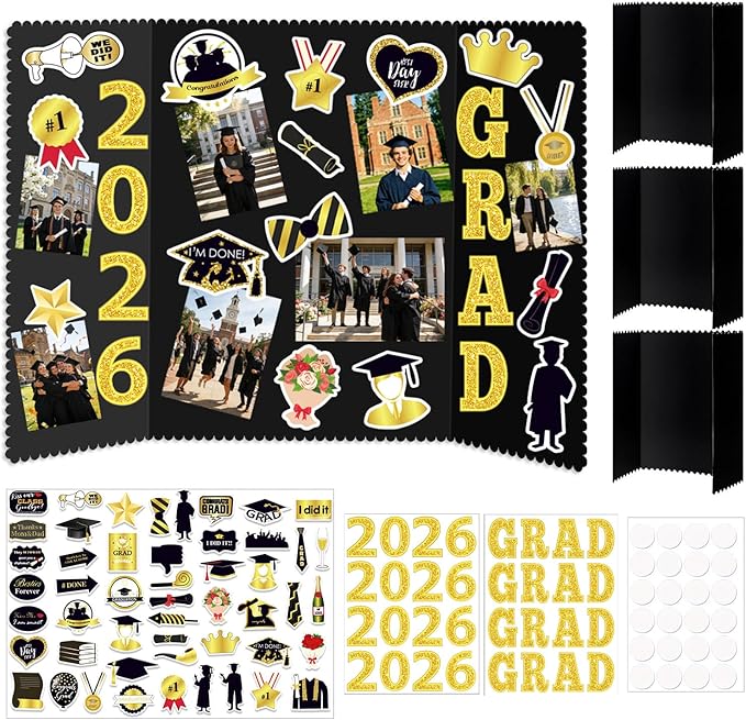 Graduation Photo Display Board - 4 Set Trifold Poster Board for Graduation Party, Folding Picture Presentation Frame for Multiple Pictures Table Decor (24x16 Inches)