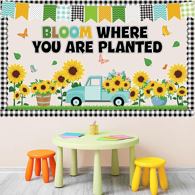 Spring Sunflower Bulletin Board Decoration Set Sunflowers Truck Cutouts Spring Motivational Sayings Butterfly Bulletin Board with Black Plaid Borders for Classroom Wall Door Decor