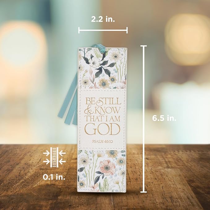 Christian Art Gifts Premium Inspirational Vegan Leather Scripture Bookmark for Women: Be Still & Know Encouraging Gold Bible Verse, Blue Satin Ribbon, Reading, Marking Pages, White Multicolor Floral