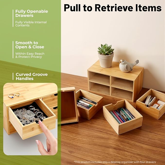 Desk Organizer, Office Vanity Bamboo Desk Organizer, Mini Bamboo Desk Drawer Tabletop Storage Box with 4 Drawer Night Stand Table Organizer for Makeup Vanity Office Supplies (4 Drawer)