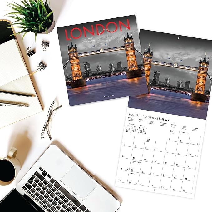 Graphique 2026 London Glitz Wall Calendar | 12” x 12” | Thick Paper | Home & Office Organizer | Large Monthly Grid | 3 Languages & Marked Holidays | 4 Month Preview Page for 2027