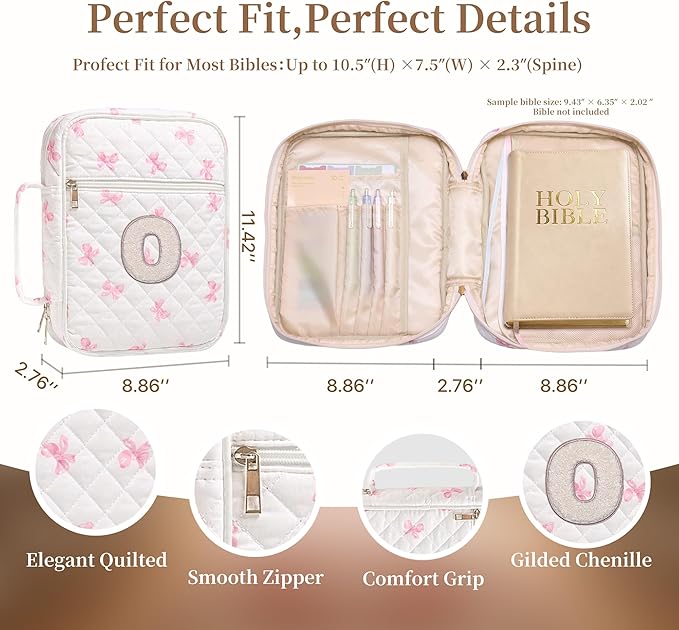 Personalized Initial Bible Cover Case for Women – Large Quilted Bible Bag with Handle, Chenille Letter, Bible Study Kit, Christian Gift for Mom, Grandma & Daughter (Pink Bow-O)