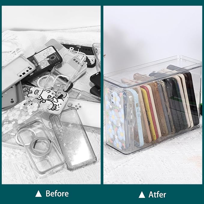 BTSKY Clear Phone Case Organizer Stackable Storage Box with Lid for Cell Phone Cases Multifunctional Phone Case Storage Holder for Desk Accessories Plastic Storage Box for Table, Cupboard, Cabinet
