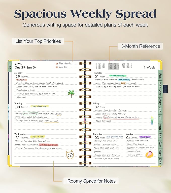 2026 Planner, Hardcover Weekly and Monthly Planner for Women, January 2026 - December 2026, Spiral Yearly Agenda Organizer Book 2026 with Tabs, Daily Calendar Planners for School Work Home, A5 (5.75" x 8.38"), Vintage Flower