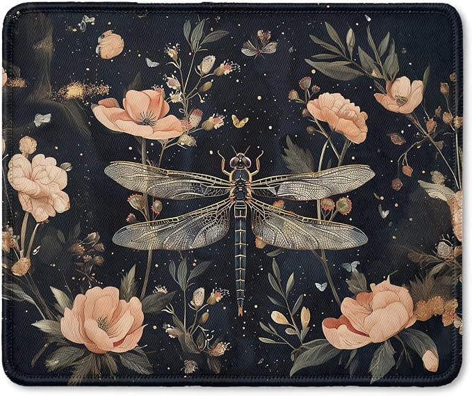 Vintage Boho Floral Dragonfly Mouse Pad, Dark Cottagecore Wildflower Botanical Round Mousepad for Home Office Computer Laptop Desk Accessories, Rustic Dragonfly Gifts, 7.9x7.9 Inch