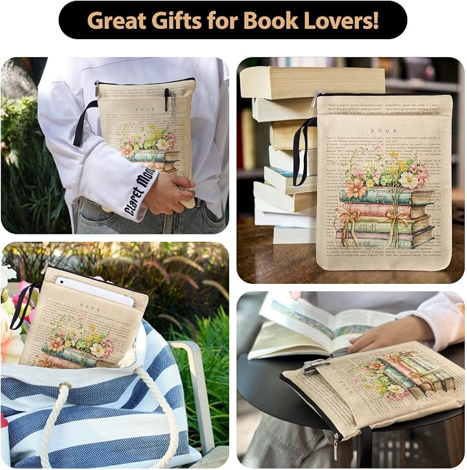 Floral Book Sleeve Pouch for Women, Book Lovers Gifts, Book Covers Protector for Paperbacks with Handle for Reader Bookworm, Book Club Gifts for Chritsmas, Reading Accessories for Student