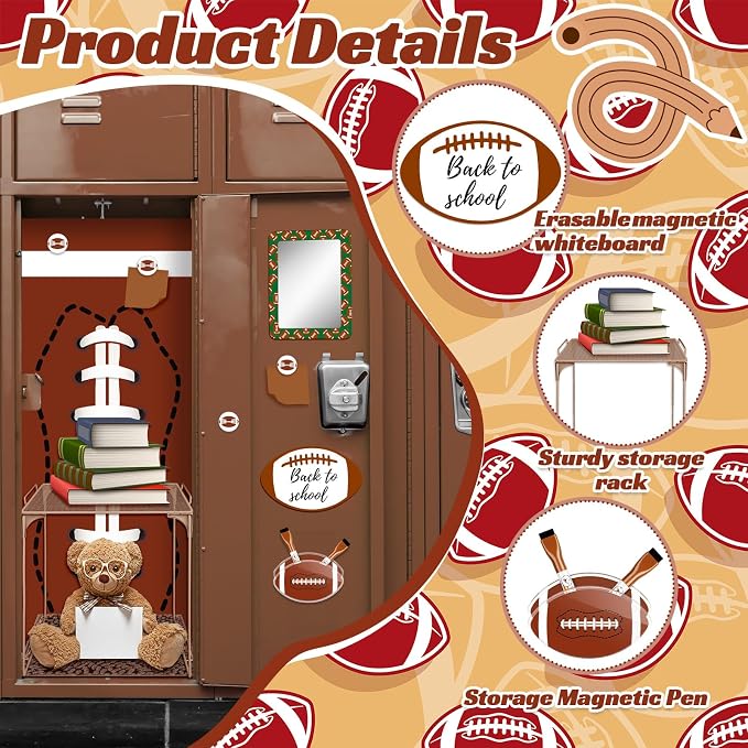 Demonwer 14 Pcs Locker Accessories Kit Rugby Themed Locker Organizer Magnetic Whiteboard Mirror Pen Holder Rugby Stickers for Back to School Essentials Locker Decorations