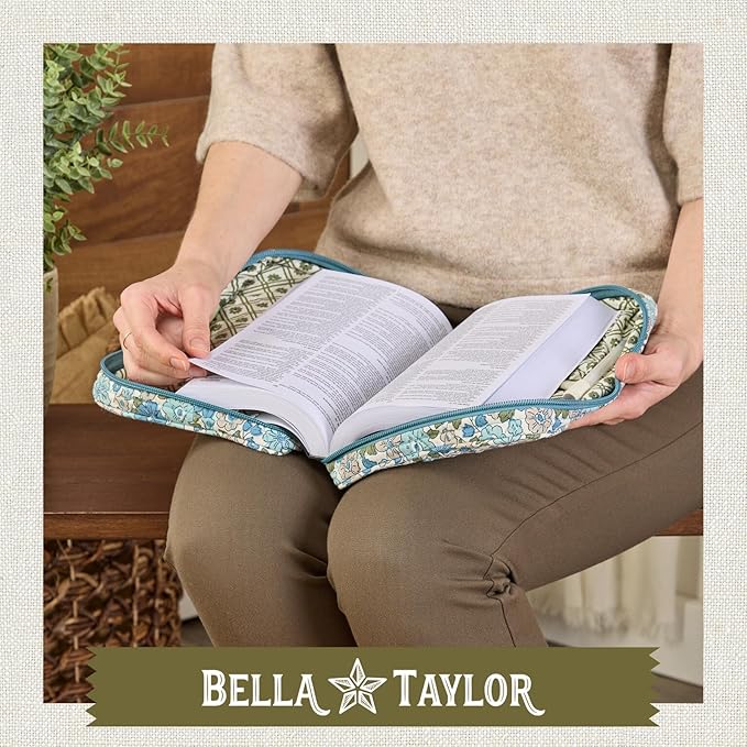Bella Taylor Small Bible Cover for Women - Quilted Cotton Bible Case for 6 x 9 inch Books - Delicate Floral Blue