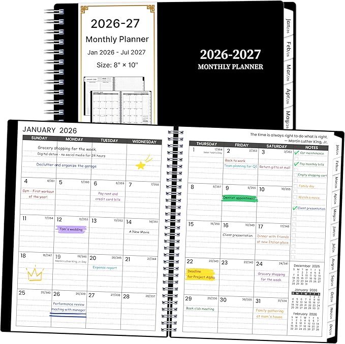 2026-2027 Monthly Planner, 18 Monthly Calendar Planner, January 2026 - June 2027, 8’’ x 10’’, 2026 Spiral Agenda with Tabs ＆Pocket, Flexible Cover, Organizer Notebook for Office Home School, Black