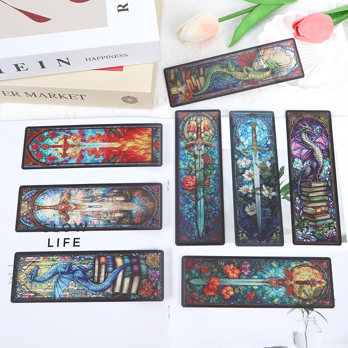 Dragon Sword Bookmark Gifts - 20 Pcs Stained Glass Art Transparent PVC Bookmark Fantasy Book Mark Page Clips Gifts for Women Men Book Lovers Teacher Student Bookish Reader Accessories