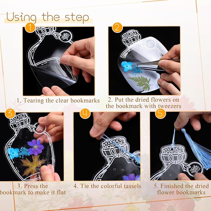 TaoBary 161 Pcs DIY Transparent Dried Flower Bookmark Set Include Clear Bookmarks Dried Flowers Colorful Tassels and Tweezer Handmade Dried Floral Bookmark for Reader Book Bottle(Cute)