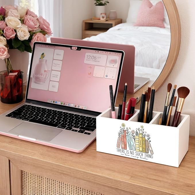 Books & Flowers Pen Holder, Inch Desk Organizer, “There Is No Such Thing as Too Many Books” Colorful Desk Storage for Pens, Pencils, Scissors – Teacher, Student, Book Lover Gift
