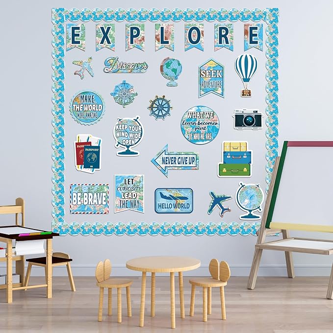 gisgfim Travel the Map Bulletin Board Classroom Decorations Set Motivational Sign Travel Paper Cutouts for World Map Adventure Explore Accent Teacher Supplies Back to School Wall Door Chalkboard Decor
