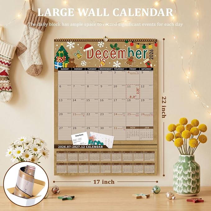 Ospelelf Wall Calendar 2026-2027 with Storage Pockets 17" X 22" Monthly Large Planner Pad Includes Stickers for Family Fridge Office Teacher School Use July 2026 to December 2027 Kraft Season