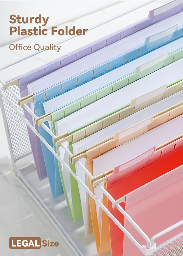 SortRax Plastic Legal Size Hanging File Folders, 12 Pack Pastel Hanging Folders, with Insertable 1/5-Cut Tabs for Filing Cabinets