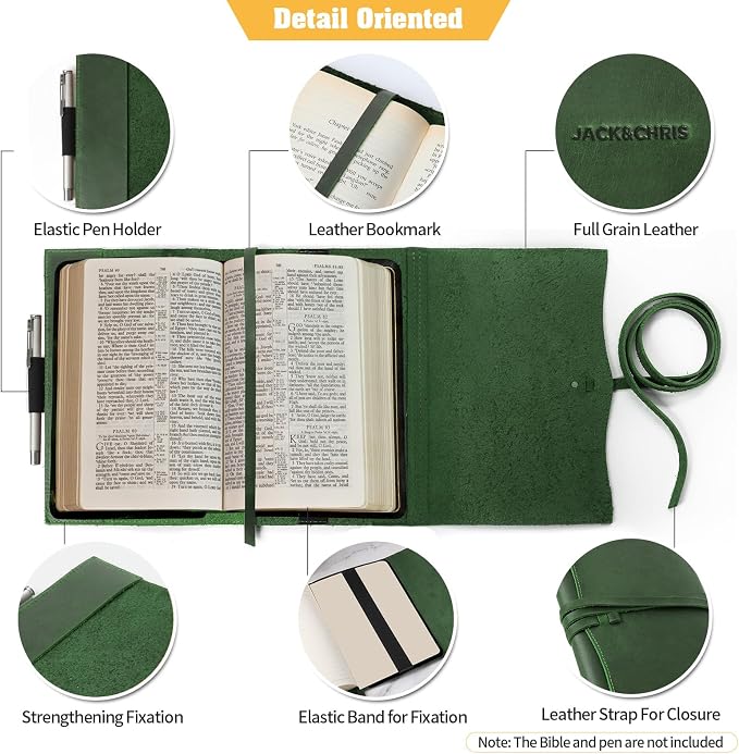 Jack&Chris Leather Bible Cover, Leather Book Cover for Men and Women, Bible Holder Strap Bible Cover Gifts, Green Large