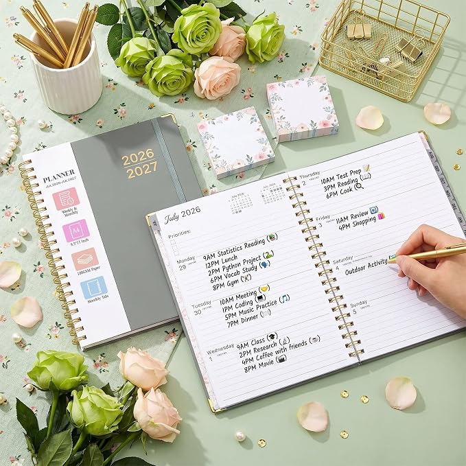 Planner 2026-2027, Weekly and Monthly Academic Planner, Jul 2026 - Jul 2027, 8.5"x11" Large Hardcover Daily Planner Calendar with Tabs for Women, Year Planning Agenda for Teacher and Student (Green)